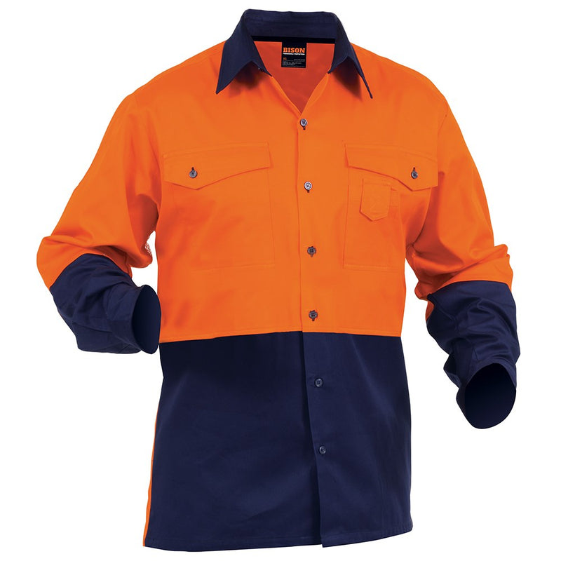 Load image into Gallery viewer, Bison Day Only Industrial Cotton Shirt featuring roll-up sleeves, pen partition, and cell phone pocket; designed for durability and comfort with ultimate UV protection, ideal for workplace safety and compliance.