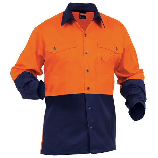 Bison Day Only Industrial Cotton Shirt featuring roll-up sleeves, pen partition, and cell phone pocket; designed for durability and comfort with ultimate UV protection, ideal for workplace safety and compliance.