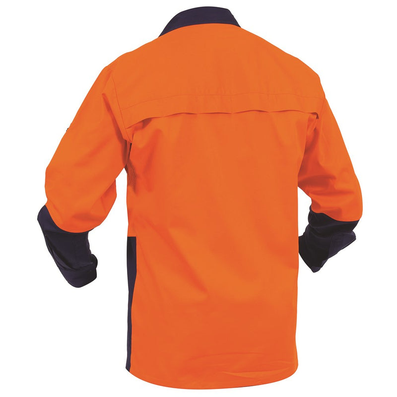 Load image into Gallery viewer, Bison Day Only Industrial Cotton Shirt, viewed from the back, showcasing its long sleeves and durable cotton fabric, suitable for workplace safety with built-in ventilation and UPF 50+ UV protection.
