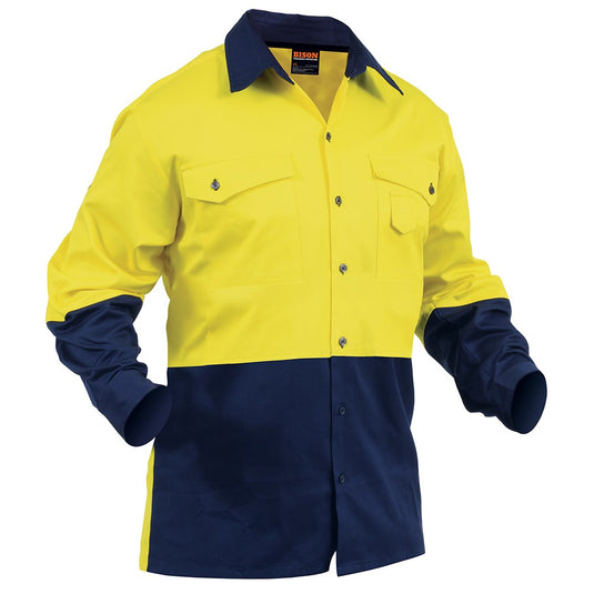Bison Day Only Industrial Cotton Shirt featuring roll-up long sleeves with tie-back, curved hem, and cell phone pocket. Designed for durability and comfort, ideal for workplace safety and compliance.