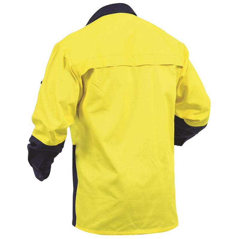 Load image into Gallery viewer, Bison Day Only Industrial Cotton Shirt, featuring long sleeves and mesh ventilation, offers UPF 50+ protection. Designed for comfort and compliance with safety standards, ideal for active work environments.