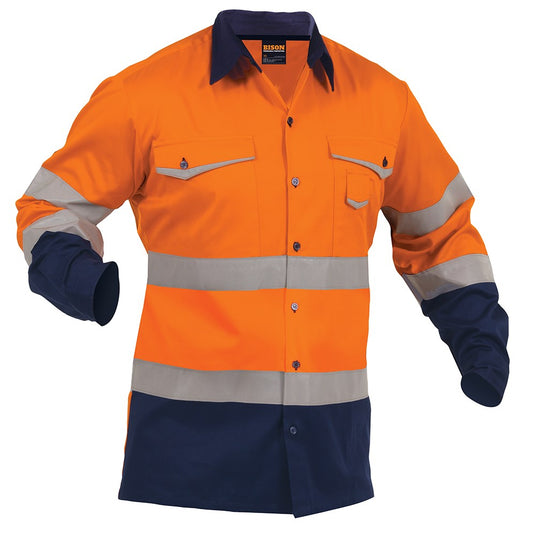 Bison Industrial Cross Back Cotton Shirt featuring long sleeves, reflective X-pattern tape for visibility, and chest pockets with taped flaps. Designed for safety and comfort, ideal for workplace environments.