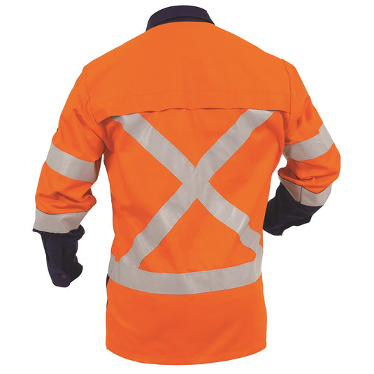 Bison Industrial Cross Back Cotton Shirt showcasing its X-pattern reflective design and dual sleeves, worn by a person from the back, highlighting its workwear functionality and safety features.