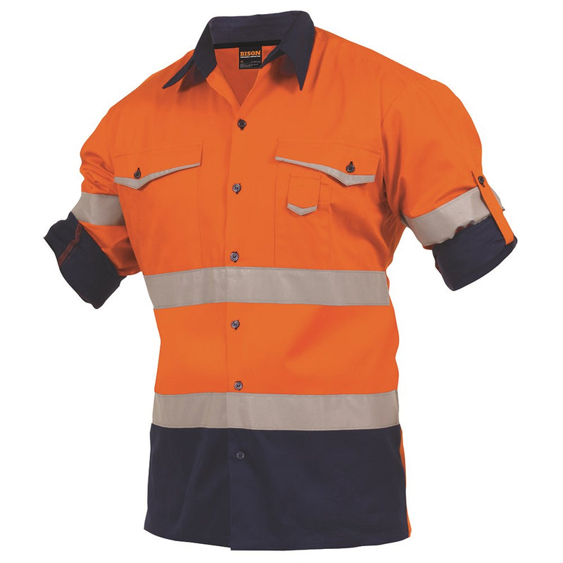 Load image into Gallery viewer, Bison Industrial Cross Back Cotton Shirt featuring X-pattern reflective tape, two chest pockets with taped flaps, and versatile roll-up sleeves, ideal for safety and comfort in workplace environments.