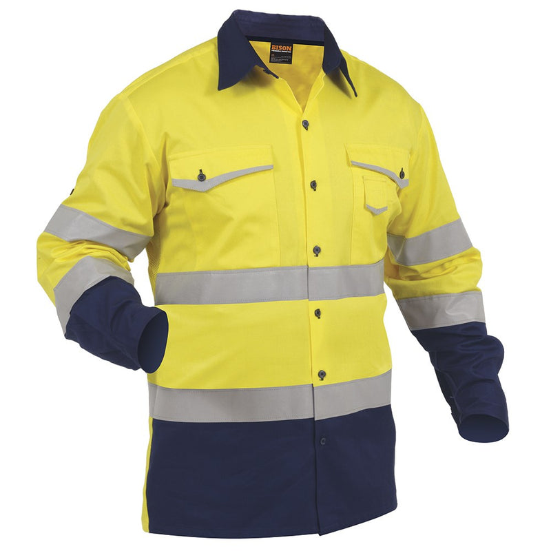 Load image into Gallery viewer, Bison Industrial Cross Back Cotton Shirt featuring a yellow and blue design, X-pattern reflective tape for night visibility, and roll-up sleeves. Ideal for safety with UPF protection and chest pockets.