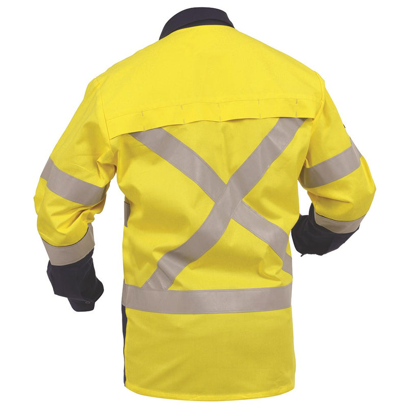 Load image into Gallery viewer, Bison Industrial Cross Back Cotton Shirt features grey-striped accents, roll-up sleeves, and dual chest pockets, embodying both style and safety. Ideal for workplace use, it offers comfort and high-visibility functionality.