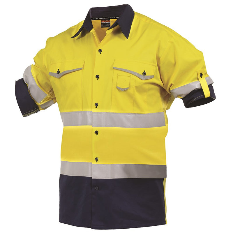 Load image into Gallery viewer, Bison Industrial Cross Back Cotton Shirt with dual sleeves, reflective X-pattern, two chest pockets, and ventilation features, ideal for safety-conscious workwear from Active Safety.