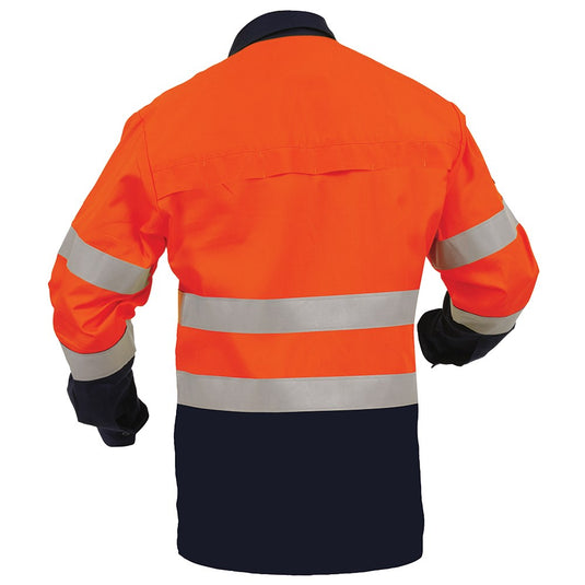 Back view of the Arcguard Inheratex Day/Night Shirt, featuring a vented back, large chest pocket, and UltraFlect reflective tape, highlighting its flame retardant and arc protection properties for workplace safety.