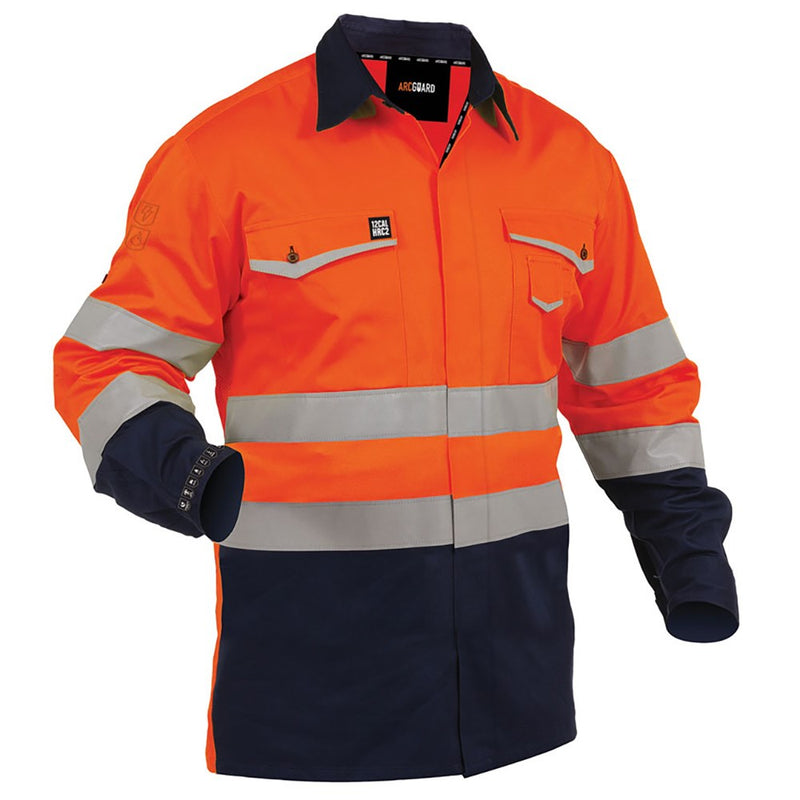 Load image into Gallery viewer, Arcguard Inheratex Day/Night Shirt (FSPVCMW), showcasing flame retardant and arc protection features, includes a chest pocket and vented design, highlighted with Ultraflect retro-reflective tape for safety compliance.