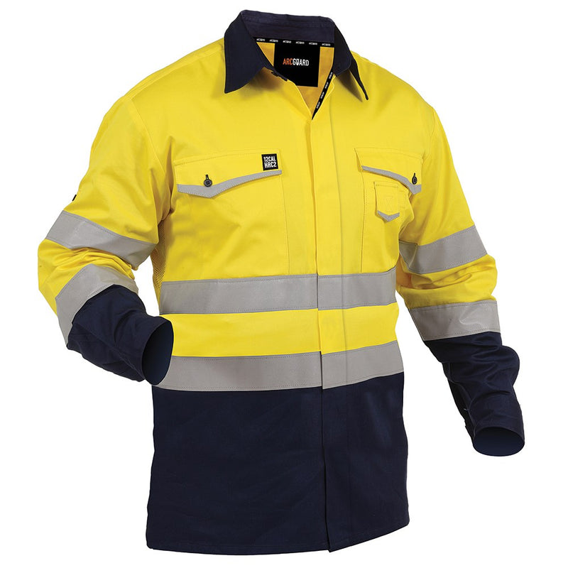 Load image into Gallery viewer, Arcguard Inheratex Day/Night Shirt (FSPVCMW) features flame-retardant fabric with vented back and underarms, chest plans pocket, and external cellphone pocket, ideal for high-visibility work environments.