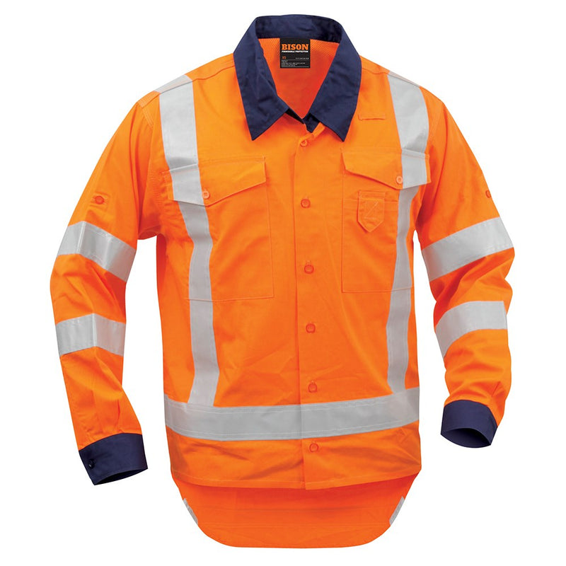 Load image into Gallery viewer, Bison TTMC-W Long Sleeve Cotton Shirt featuring white stripes, button front, chest pockets, Velcro cell phone pocket, Ultra-Flect reflective tape, and roll-up sleeves, ideal for safety and visibility.