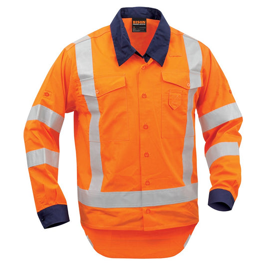 Bison TTMC-W Long Sleeve Cotton Shirt featuring white stripes, button front, chest pockets, Velcro cell phone pocket, Ultra-Flect reflective tape, and roll-up sleeves, ideal for safety and visibility.