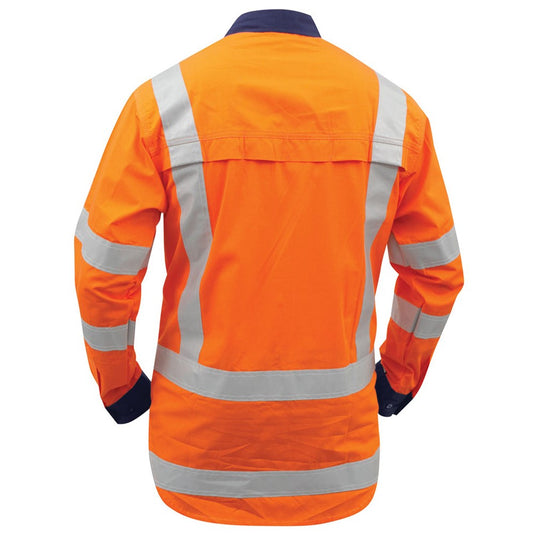 Bison TTMC-W Long Sleeve Cotton Shirt featuring a back view, highlights reflective tape and roll-up sleeves, ideal for high visibility and safety in workplace settings.