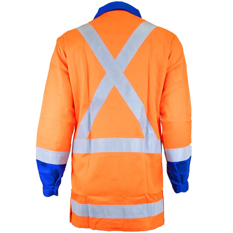Load image into Gallery viewer, Arcguard 11Cal TTMC-W17 X-Back Zip Jacket viewed from the back, showcasing reflective X design, Velcro chest pockets, adjustable sleeve cuffs, and side hem splits, ideal for workplace safety and visibility.