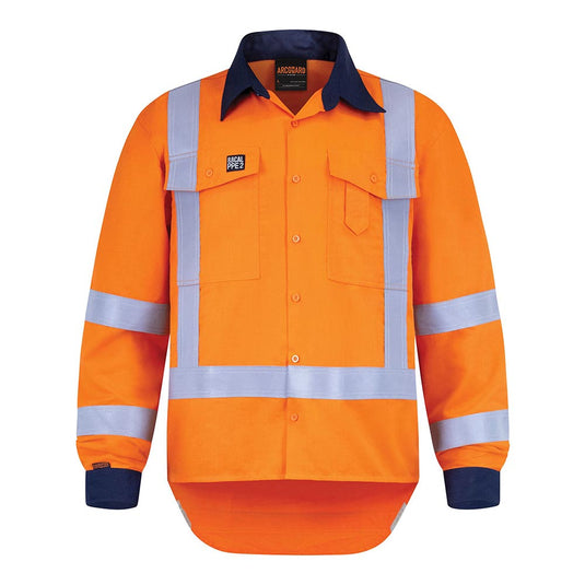 Arcguard 8.8Cal TTMC-W17 Inheralite Work Shirt, featuring long sleeves, reflective stripes, button-down front, and chest pocket with button flaps. Ideal for safety and workwear.
