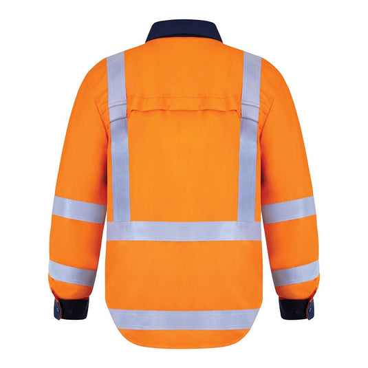 Arcguard 8.8Cal TTMC-W17 Inheralite Work Shirt, viewed from the back, features reflective tape and protective design, ideal for workplace safety. Its button-down style and chest pocket offer functionality.