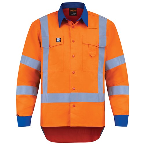 Arcguard 12Cal TTMC-W17 Inheratex Work Shirt features long sleeves, button-down front, chest and phone pockets, and Ultra-Flect FR reflective tape, ideal for safety-focused work environments.