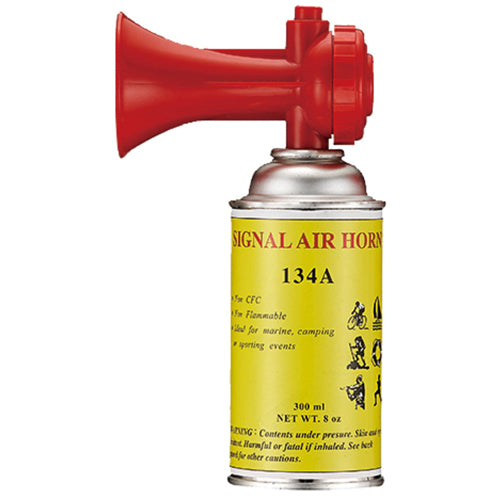 Air Horn 300ml designed for emergency use, featuring a red horn attached to a yellow cylindrical canister. Ideal for signaling in marine situations, aligning with Active Safety's focus on reliable safety products.