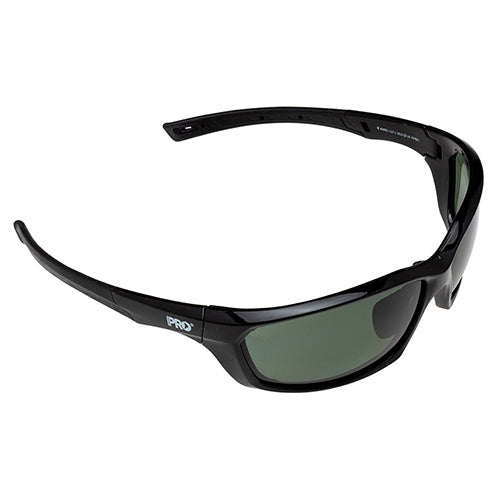 Pro Surge Polarised Safety Glasses: Smoke feature black frames with green lenses, offering medium impact protection, anti-scratch and anti-fog properties, adjustable nose piece, and 99.9% UV protection for outdoor safety.