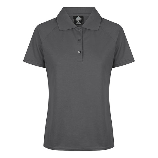 Keira Ladies Short Sleeve Polo featuring a moisture-wicking, easy-care fabric with raglan sleeves, knitted collar, and a 3-button placket, ideal for active and safety-focused work environments.