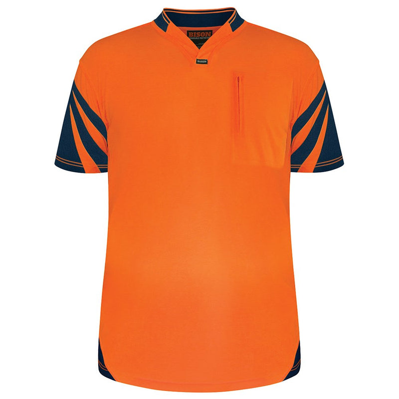 Load image into Gallery viewer, Bison Hi Vis Cotton Back Polo Shirt with sports mesh venting, sports collar, and a slimline smartphone zip pocket, designed for comfort and ventilation. Ideal for workplace safety and active use.