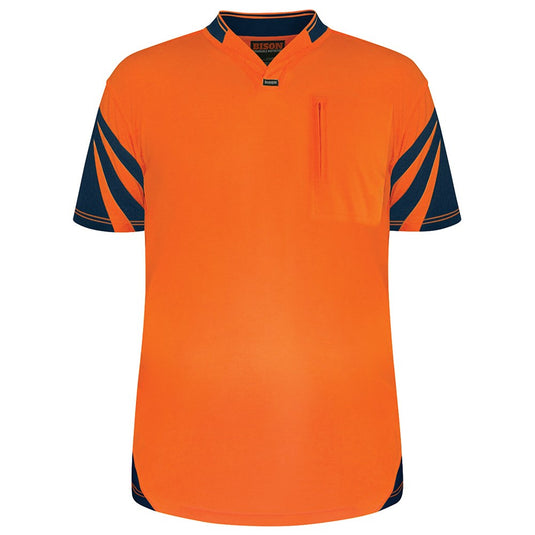 Bison Hi Vis Cotton Back Polo Shirt with sports mesh venting, sports collar, and a slimline smartphone zip pocket, designed for comfort and ventilation. Ideal for workplace safety and active use.