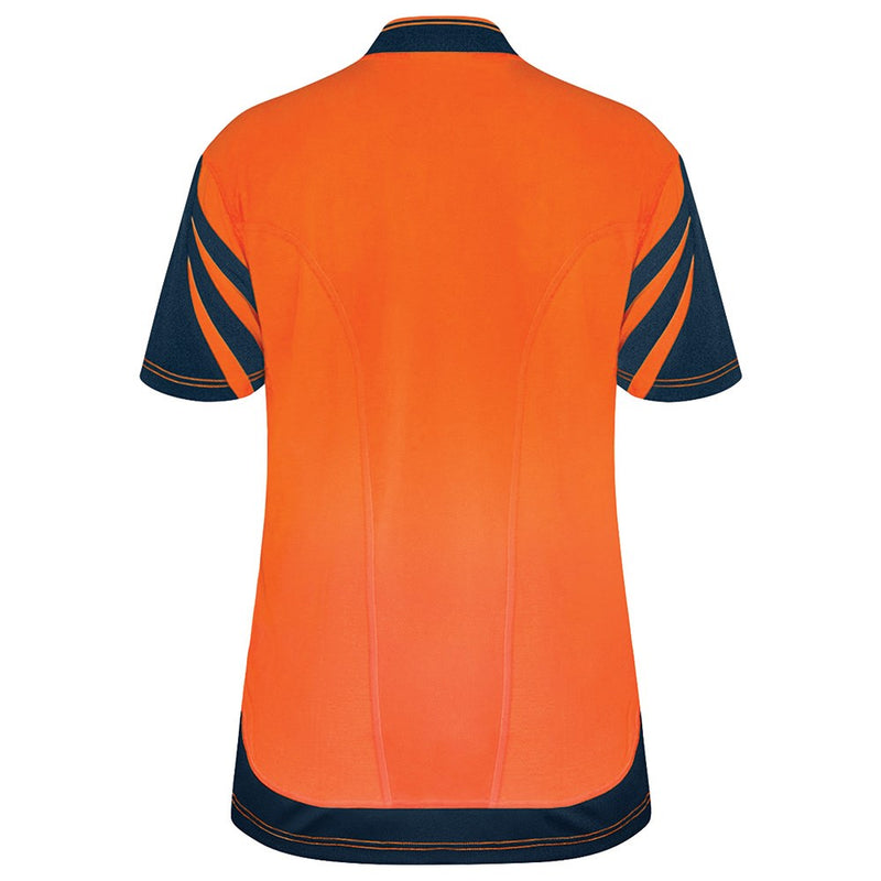 Load image into Gallery viewer, Bison Hi Vis Cotton Back Polo Shirt showcasing its back with sports mesh venting and a slimline smartphone zip pocket, designed for comfort and functionality in active and safety work environments.