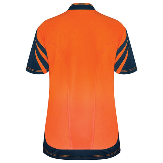 Bison Hi Vis Cotton Back Polo Shirt showcasing its back with sports mesh venting and a slimline smartphone zip pocket, designed for comfort and functionality in active and safety work environments.