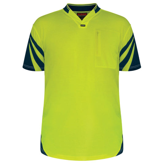 Bison Hi Vis Cotton Back Polo Shirt featuring a slimline smartphone zip pocket on the chest, sports collar, and mesh venting for enhanced comfort and ventilation, ideal for active safety environments.