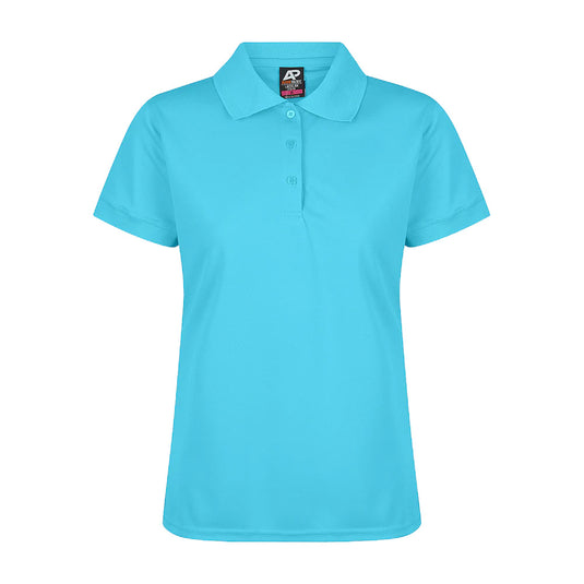 Lachlan Ladies Short Sleeve Polo, featuring a honeycomb knit in 160gm 100% polyester, showcases a knitted collar and cuff. Ideal for workplace comfort with moisture removal and easy-care fabric.