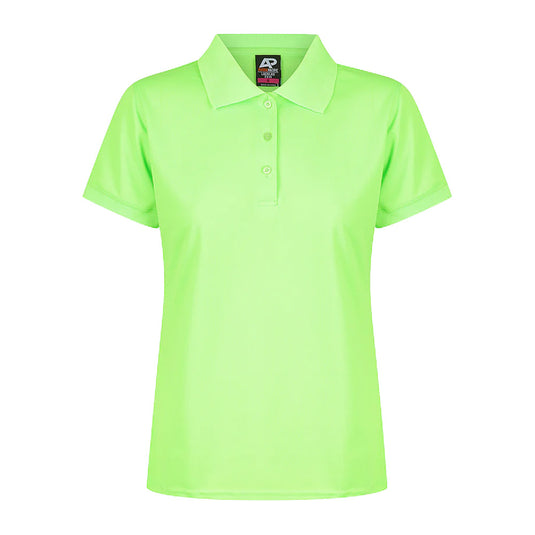 Lachlan Ladies Short Sleeve Polo featuring a 160gm 100% polyester honeycomb knit fabric with moisture removal properties, complemented by a knitted collar and cuff, suitable for workwear and active environments.