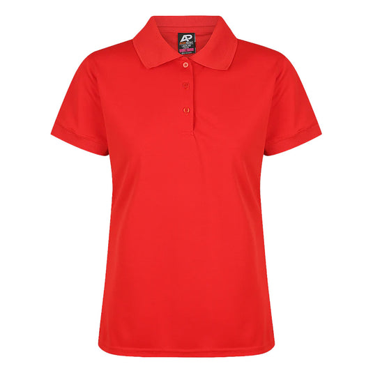 The Lachlan Ladies Short Sleeve Polo features a 160gm 100% polyester honeycomb knit, offering moisture removal and easy care, with a knitted collar and cuff, ideal for active and professional settings.