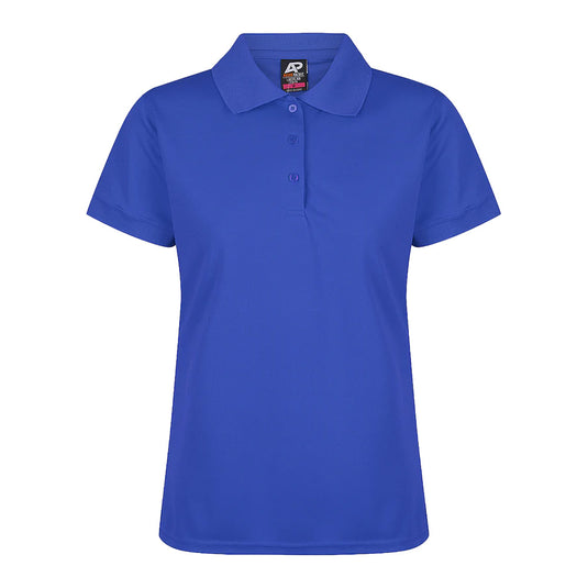 Lachlan Ladies Short Sleeve Polo featuring a honeycomb knit design with a knitted collar and cuff, crafted from 160gm 100% polyester for moisture removal and easy care, ideal for workplace uniforms.