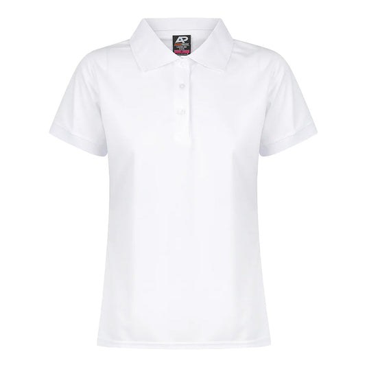 Lachlan Ladies Short Sleeve Polo features a sleek honeycomb knit design with a moisture-removing, easy-care 100% polyester fabric, complemented by a knitted collar and cuffs, ideal for workplace uniforms.