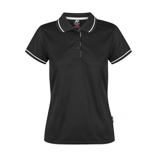 Cottesloe Ladies Polo Shirt, designed for active wear, features a jacquard knitted collar and cuffs with contrast stripes, offering a smart casual look suitable for corporate or school uniforms.