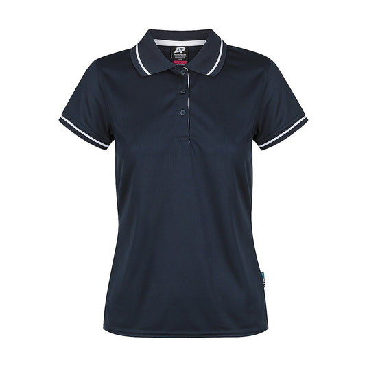 Cottesloe Ladies Polo Shirt featuring a sleek design with white trim, jacquard knitted collar, and side vents, ideal for smart casual wear, corporate, or school uniforms, enhancing comfort and movement.