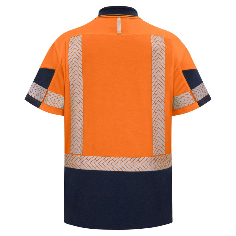 Load image into Gallery viewer, Bison Quick Dry Cotton Back Taped S/S Polo Shirt, featuring a back view with a vertical zipped chest pocket and reflective tape, designed for hi-vis safety and comfort with wicking panels and contrast hems.