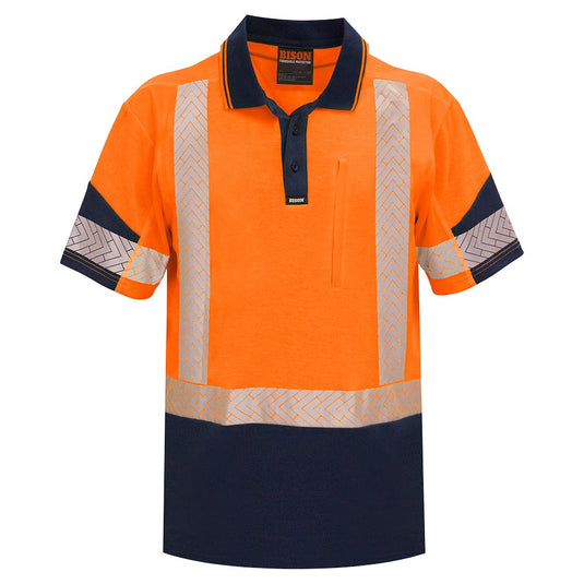 The Bison Quick Dry Cotton Back Taped S/S Polo Shirt features reflective stripes, a vertical zipped chest pocket, and wicking panels, designed for comfort and visibility, ideal for safety-focused environments.