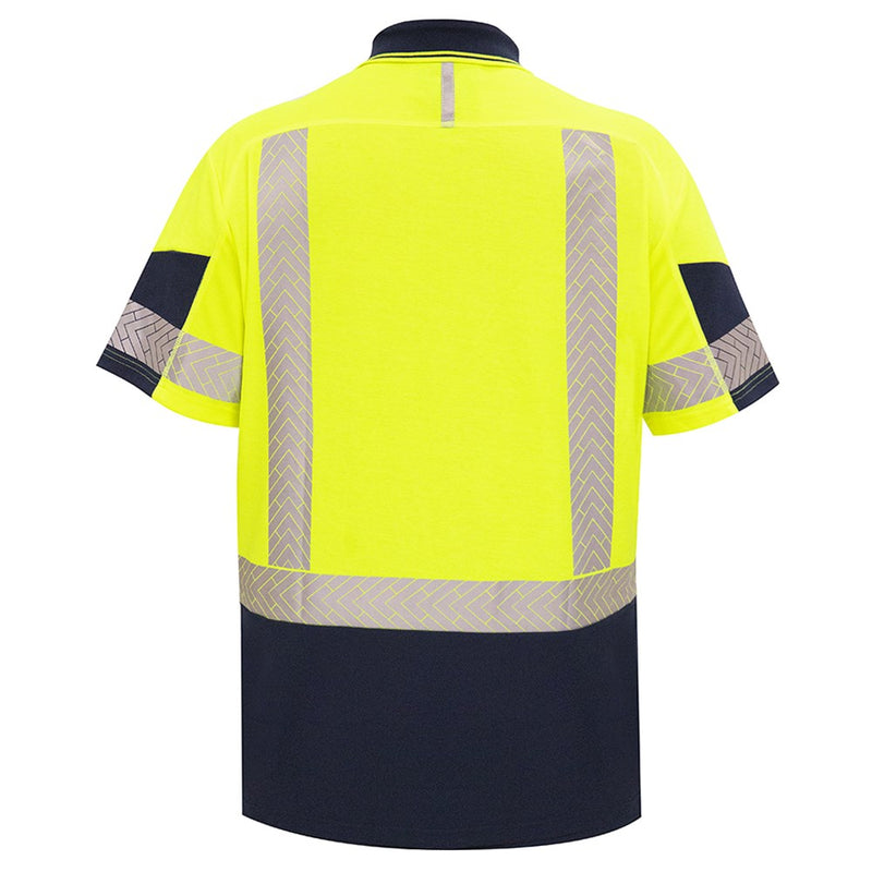 Load image into Gallery viewer, Bison Quick Dry Cotton Back Taped S/S Polo Shirt with a back view, featuring a vertical zipped chest pocket and segmented reflective tape, designed for safety and comfort in active work environments.