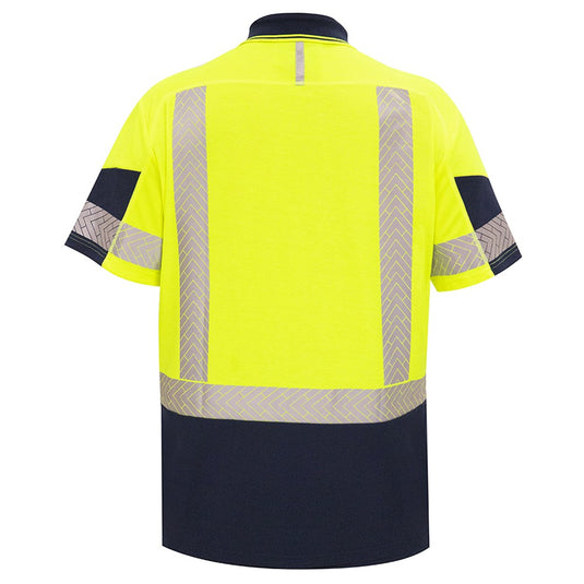 Bison Quick Dry Cotton Back Taped S/S Polo Shirt with a back view, featuring a vertical zipped chest pocket and segmented reflective tape, designed for safety and comfort in active work environments.