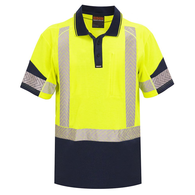 Load image into Gallery viewer, Bison Quick Dry Cotton Back Taped S/S Polo Shirt featuring a vertical zipped chest pocket, contrast hem, sleeve, and collar, with segmented reflective tape for enhanced visibility, designed for day and night safety compliance.