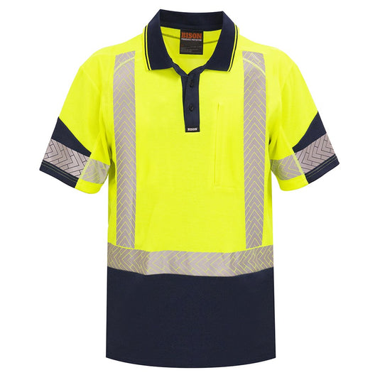 Bison Quick Dry Cotton Back Taped S/S Polo Shirt featuring a vertical zipped chest pocket, contrast hem, sleeve, and collar, with segmented reflective tape for enhanced visibility, designed for day and night safety compliance.