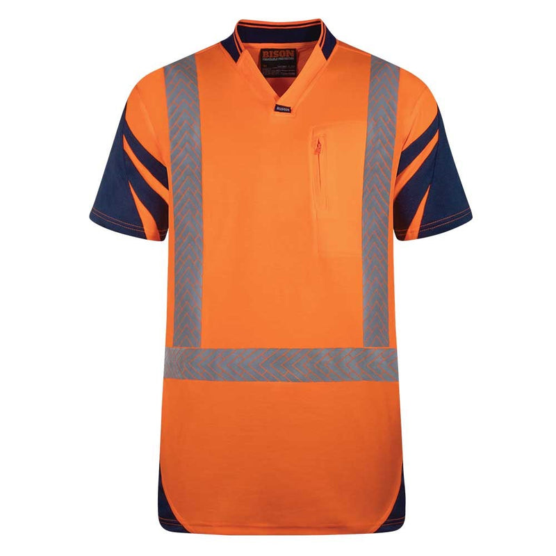 Load image into Gallery viewer, Bison Hi Vis Quick-Dry Taped Cotton Back Polo features a sports style collar and a zipped chest pocket, designed with wicking panels for ventilation and stretch reflective tape for enhanced visibility.