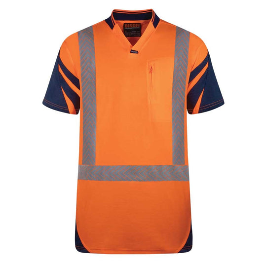 Bison Hi Vis Quick-Dry Taped Cotton Back Polo features a sports style collar and a zipped chest pocket, designed with wicking panels for ventilation and stretch reflective tape for enhanced visibility.