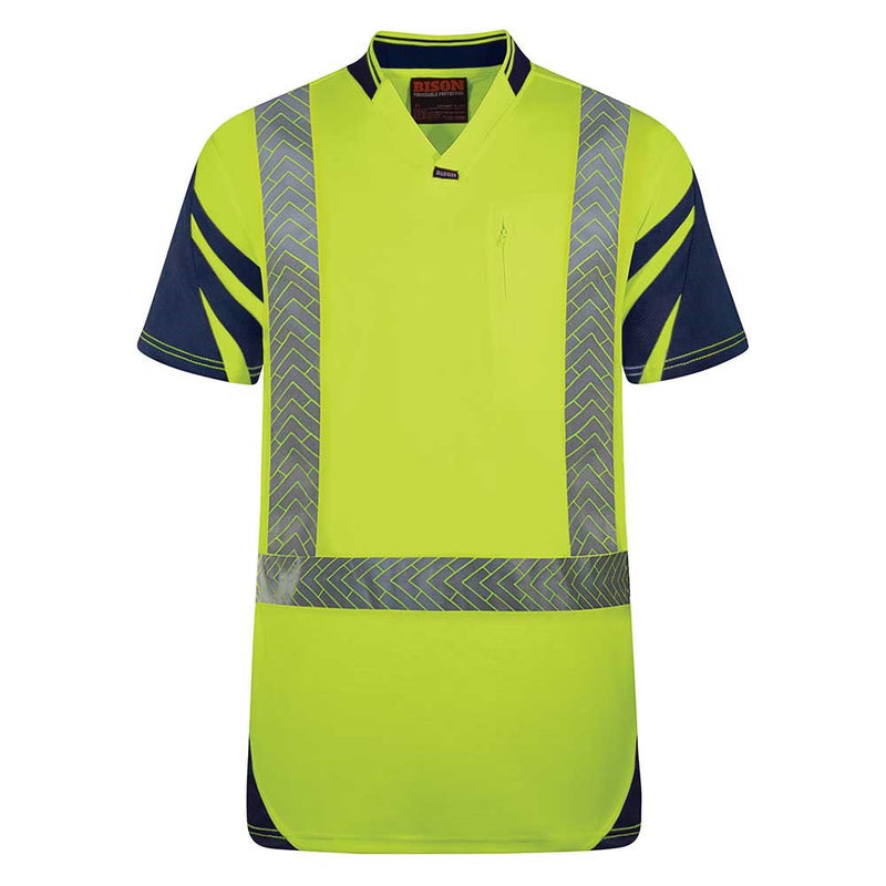 Load image into Gallery viewer, Bison Hi Vis Quick-Dry Taped Cotton Back Polo featuring a sports style collar, zipped chest pocket, and stretch reflective tape, designed for comfort with wicking panels, ideal for workplace safety and visibility.