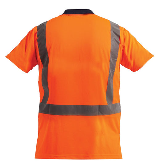 Bison Hi Vis Taped Polyester Polo, featuring a slim-fit design and reflective elements, viewed from the back, ideal for safety and visibility in workplace environments.