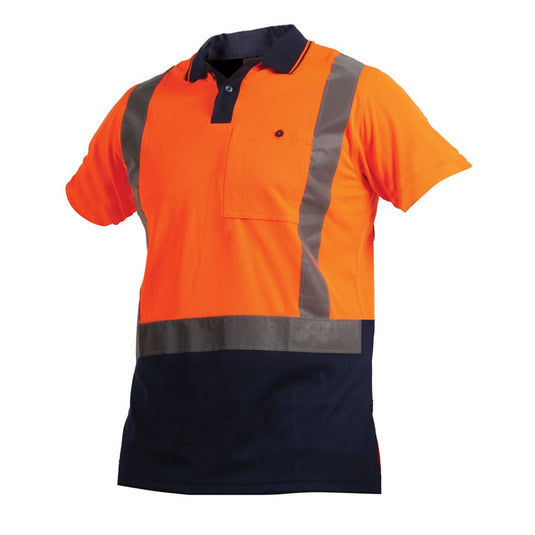 Bison Hi Vis Taped Polyester Polo featuring a reflective stripe design with a chest pocket and button closure, showcasing a slim-fit style with a contrast collar for reduced grime build-up.