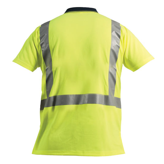 Bison Hi Vis Taped Polyester Polo featuring reflective stripes, slim-fit design, contrast collar, and chest pocket, ideal for day/night visibility and UV protection, showcased by Active Safety.