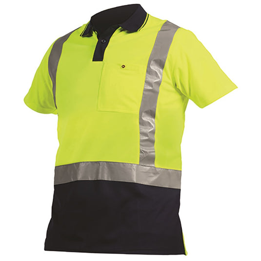 Bison Hi Vis Taped Polyester Polo features a yellow and black design with reflective stripes, a chest pocket with button closure, and a slim-fit design, ideal for enhanced visibility and safety.