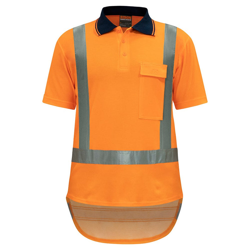 Load image into Gallery viewer, Bison Quick Dry TTMC-W17 Short Sleeve Polo Shirt with reflective stripes, featuring a chest pocket with velcro closure, ideal for safety compliance and high visibility in workplace environments.